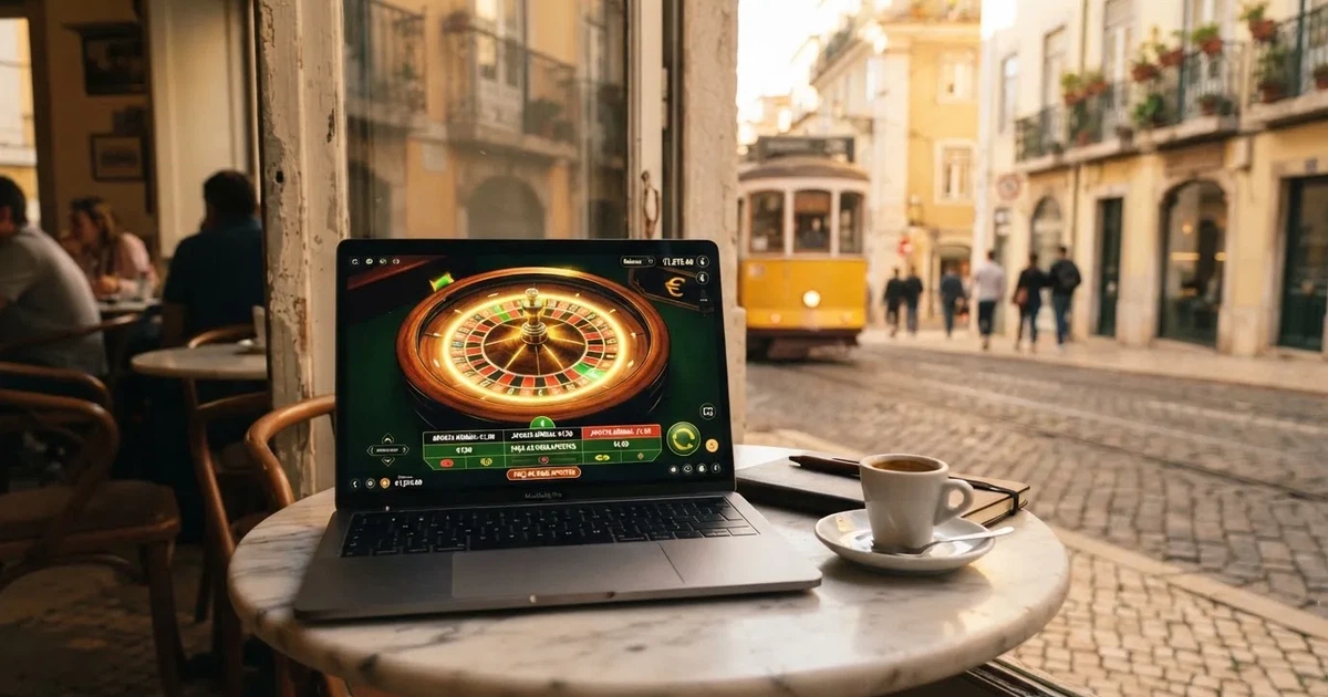 Computador portátil numa mesa de café junto a uma janela virada para a rua — novo casino em portugal