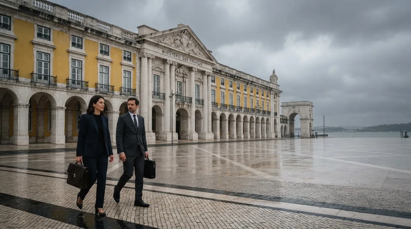 Pessoas de fato a caminhar à frente de um edifício de serviços públicos em Lisboa, com pasta na mão e céu nublado.