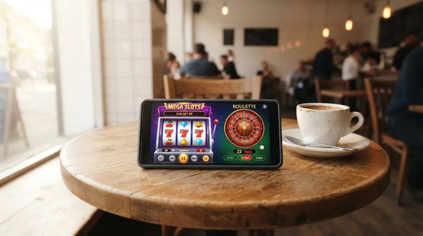 Pessoa a explorar jogos no telemóvel num café, com uma bica na mesa e luz de manhã a entrar pela montra.