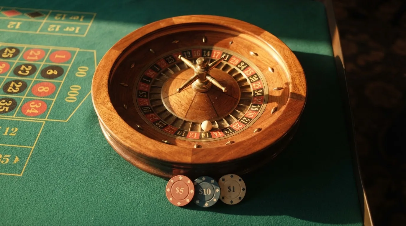 Roda de roleta e fichas sobre feltro verde, sob uma luz quente de fim de tarde — ofertas de casino em portugal