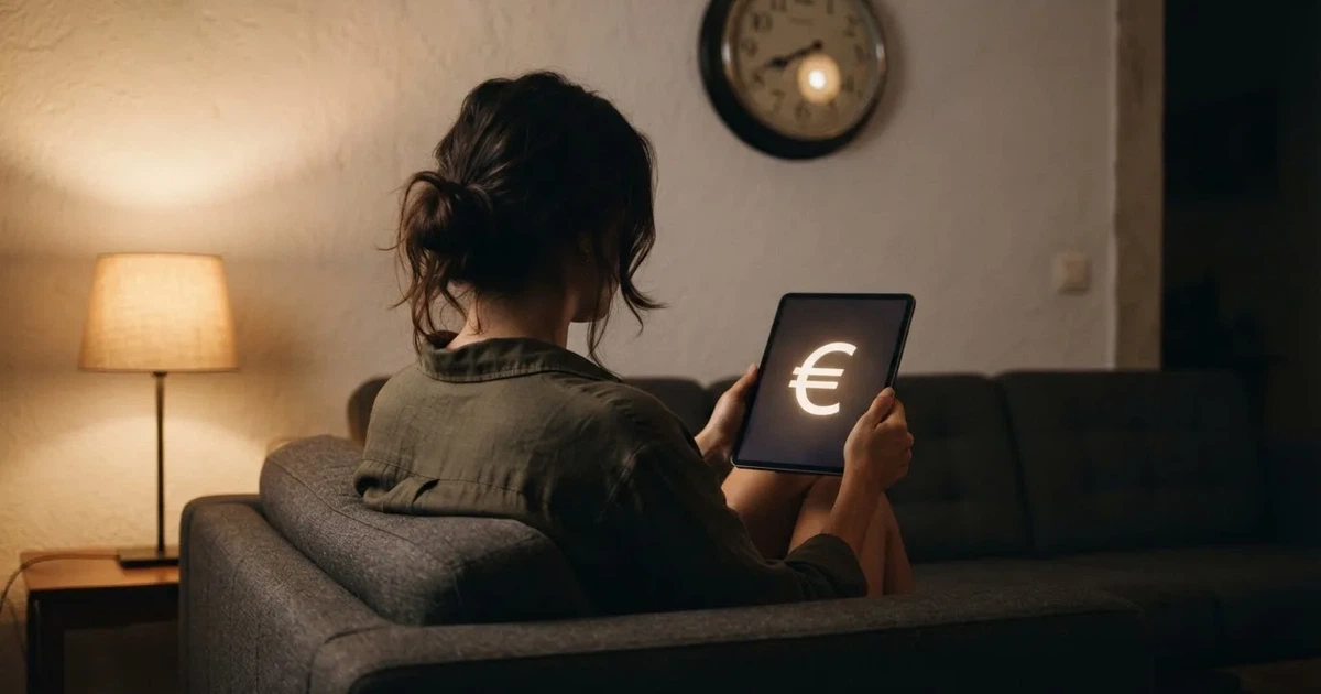 Pessoa num sofá a olhar pensativa para um tablet, com um relógio na parede atrás — ofertas de casino em portugal