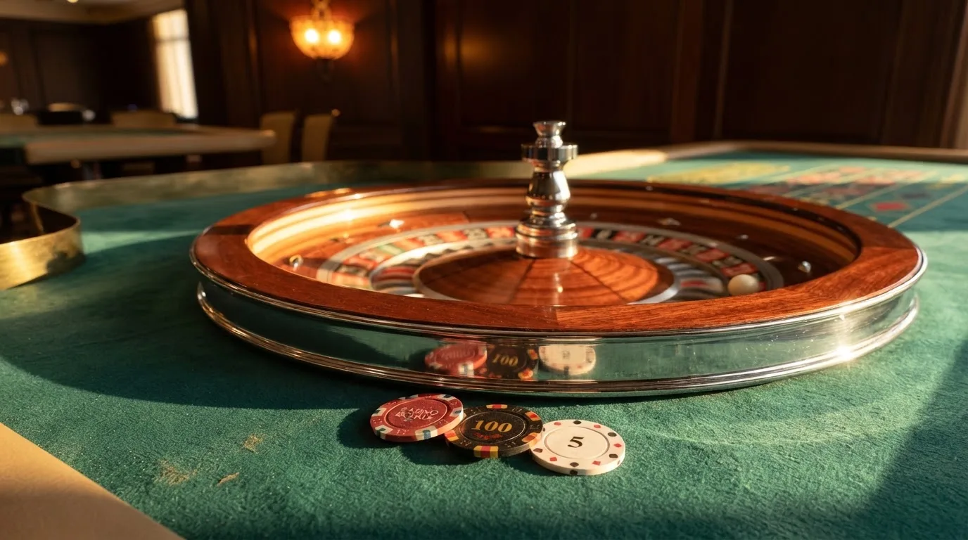 Roda de roleta e fichas sobre feltro verde, sob uma luz quente de fim de tarde — online casino bónus para os portugueses