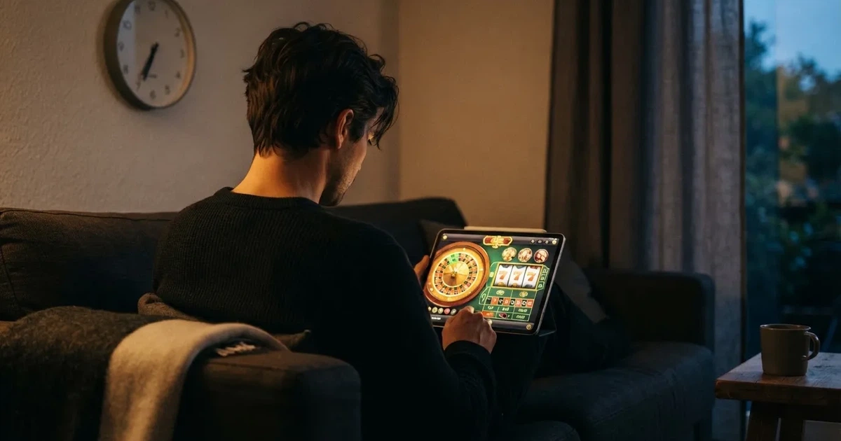 Pessoa num sofá a olhar pensativa para um tablet, com um relógio na parede atrás — online casino bónus para os portugueses