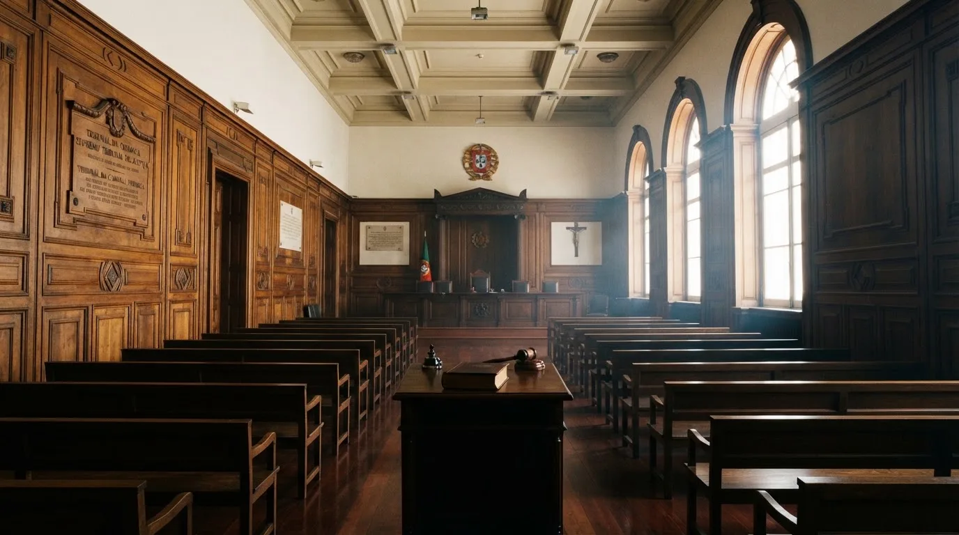 Sala de tribunal vazia com painéis de madeira, à luz da manhã — online casinos em portugal