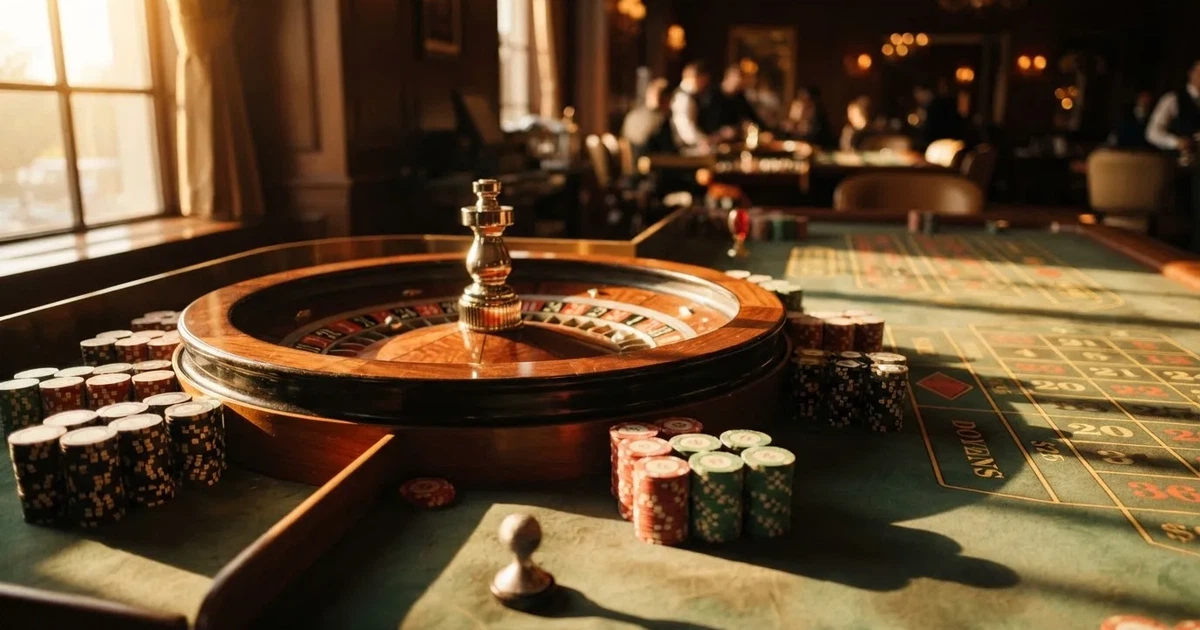 Roda de roleta e fichas sobre feltro verde, sob uma luz quente de fim de tarde — online casinos em portugal