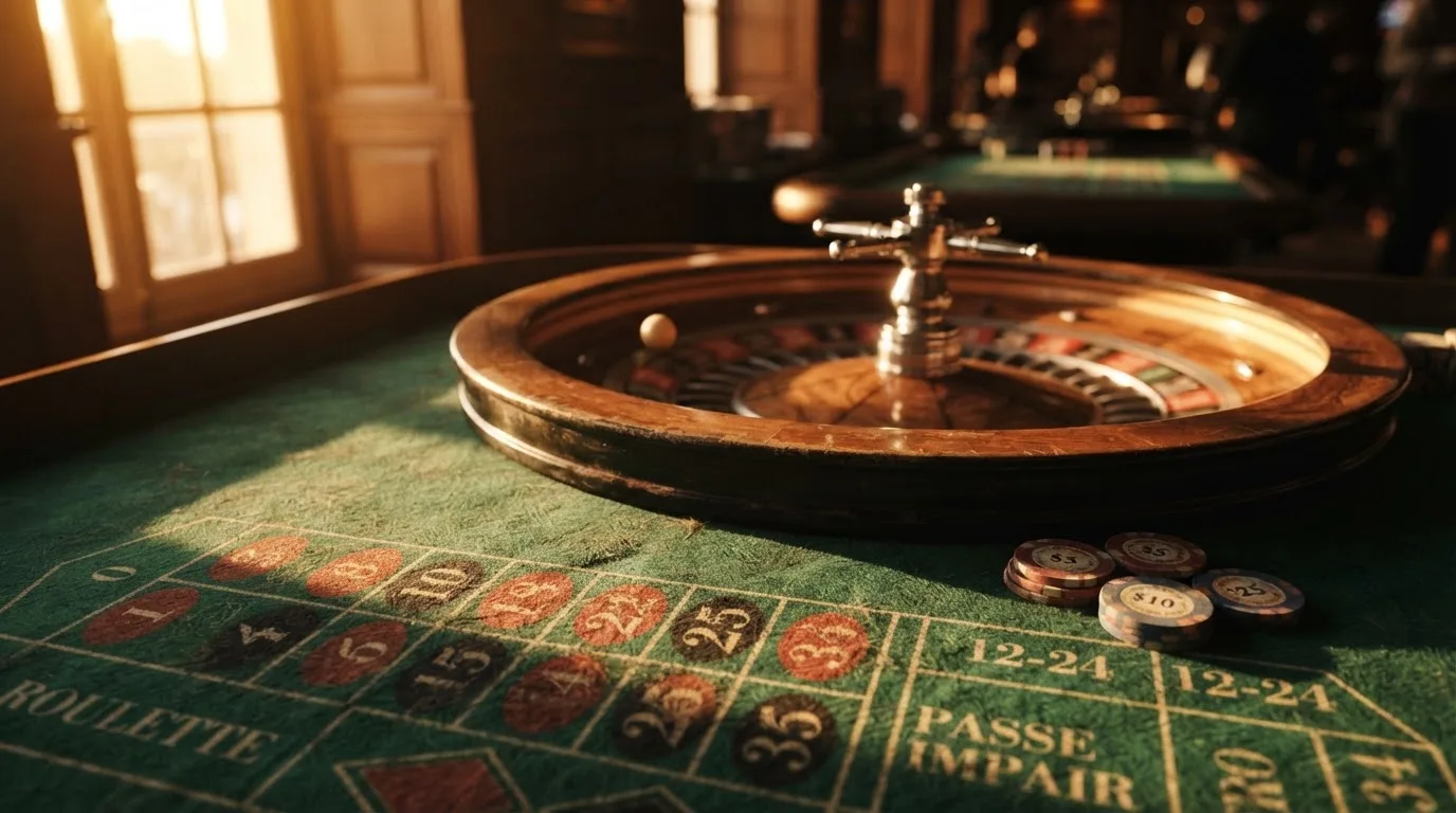 Roda de roleta e fichas sobre feltro verde, sob uma luz quente de fim de tarde — páginas de casino em portugal