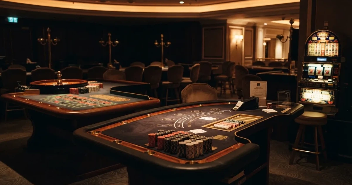 Três mesas de jogo diferentes lado a lado numa sala calma e calorosamente iluminada — páginas de casino em portugal