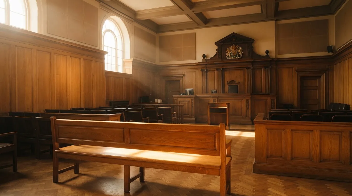 Sala de tribunal vazia com painéis de madeira, à luz da manhã — probabilidades de roleta pt