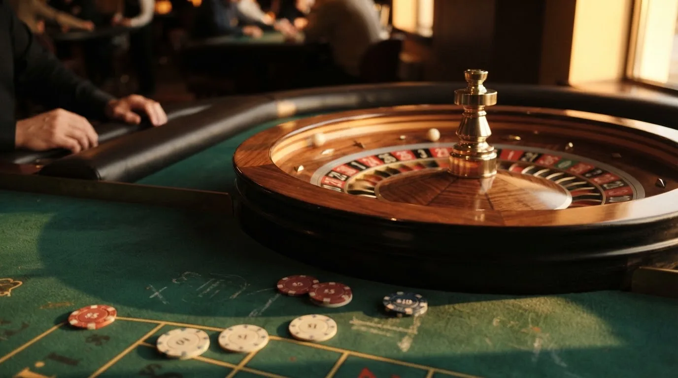 Roda de roleta e fichas sobre feltro verde, sob uma luz quente de fim de tarde — promoções de casino em portugal