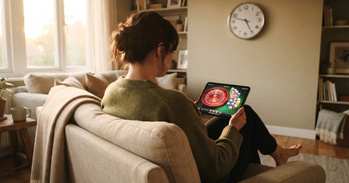 Pessoa num sofá a olhar pensativa para um tablet, com um relógio na parede atrás — promoções de casino em portugal