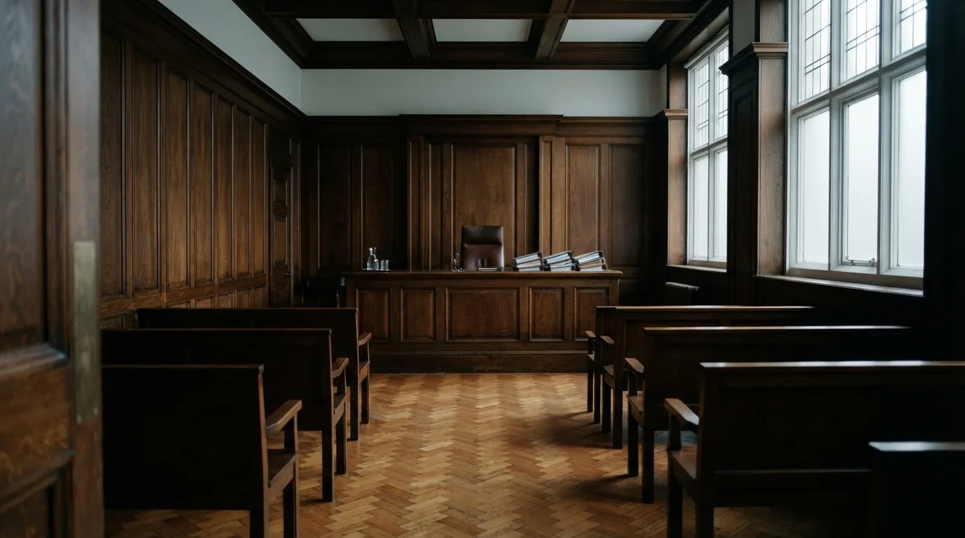 Sala de tribunal vazia com painéis de madeira, à luz da manhã — regras da roleta pt