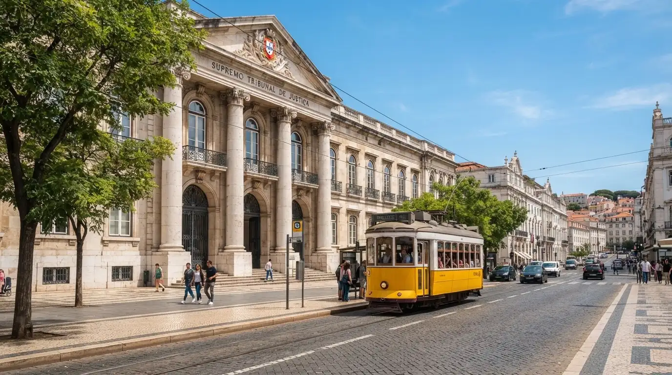 Edifício institucional de pedra com colunas junto a uma avenida lisboeta, céu limpo, elétrico amarelo ao longe, fotografia de rua.