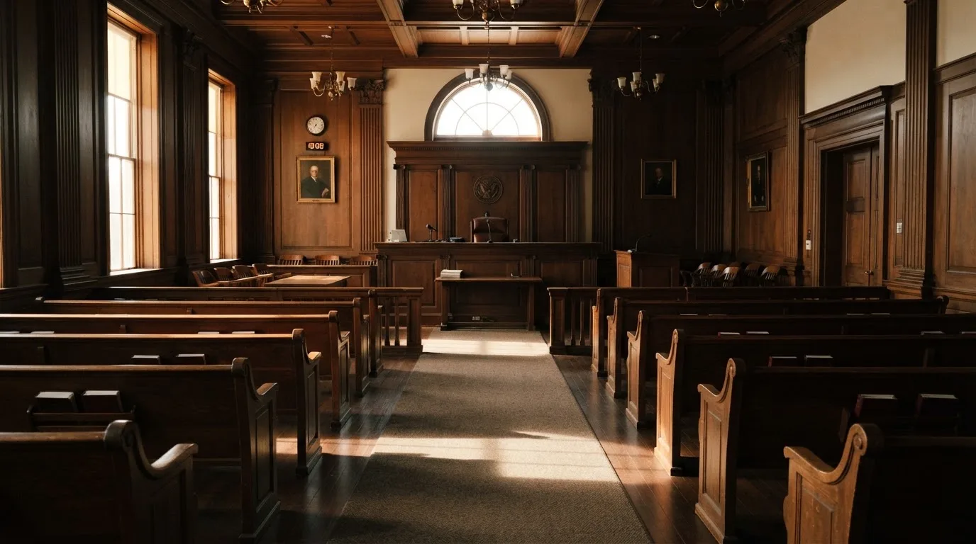 Sala de tribunal vazia com painéis de madeira, à luz da manhã — roleta americana em portugal