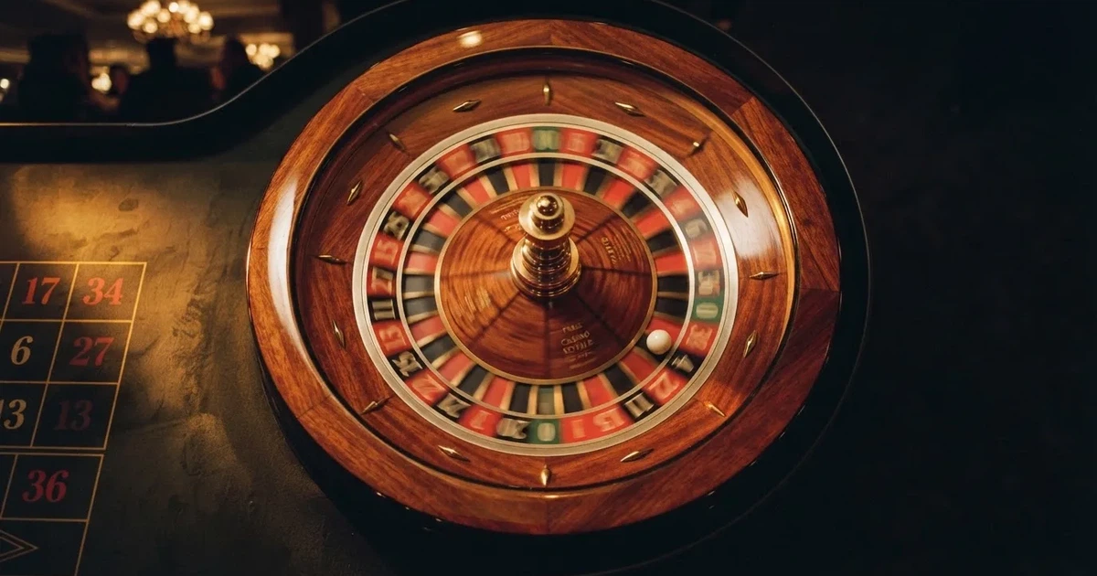 Roda de roleta em movimento fotografada de cima, com a bola a girar na pista e reflexos dourados nas bordas.