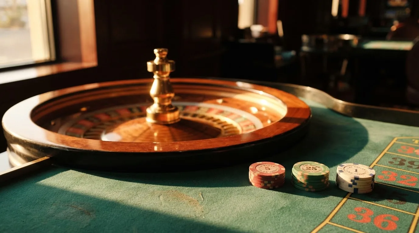 Roda de roleta e fichas sobre feltro verde, sob uma luz quente de fim de tarde — roleta casino em portugal