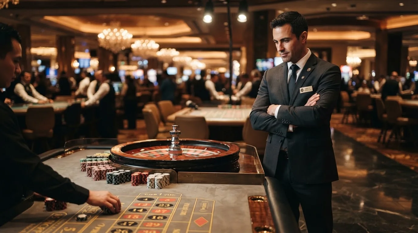 Fiscal de sala de casino de fato escuro a observar atentamente uma mesa de roleta, com jogadores desfocados ao fundo.