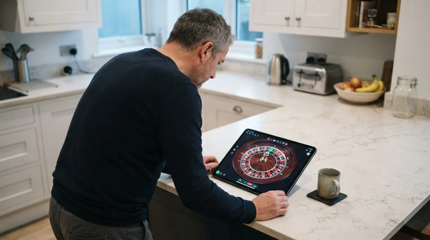 Jogador de meia-idade a ver uma transmissão de roleta num tablet, apoiado na bancada de uma cozinha moderna, com expressão atenta.
