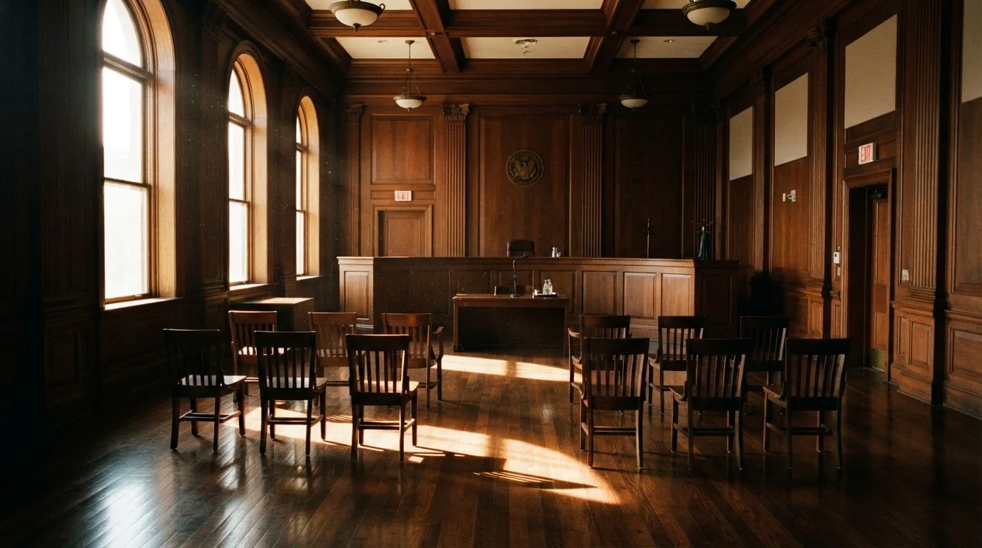Sala de tribunal vazia com painéis de madeira, à luz da manhã — roleta francesa em portugal