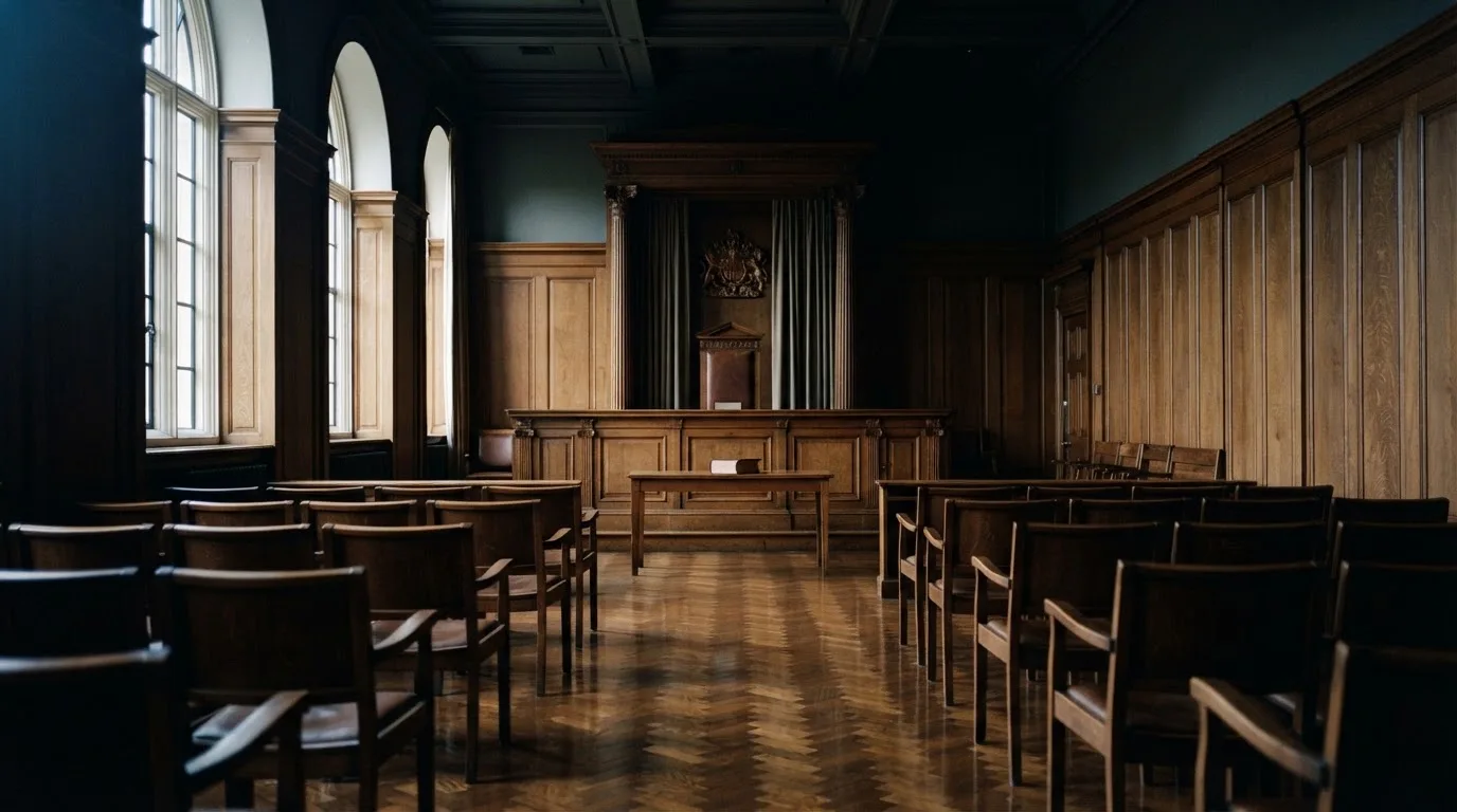 Sala de tribunal vazia com painéis de madeira, à luz da manhã — roleta grátis em portugal