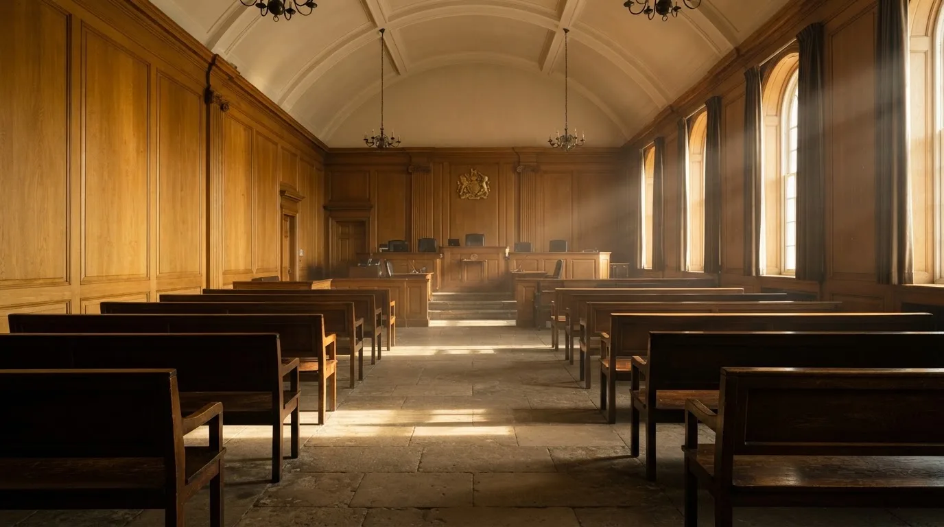 Sala de tribunal vazia com painéis de madeira, à luz da manhã — roleta online grátis pt