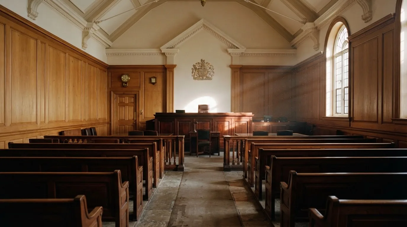 Sala de tribunal vazia com painéis de madeira, à luz da manhã — roleta virtual em portugal