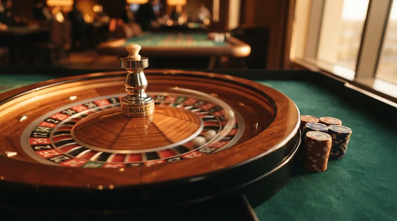 Roda de roleta e fichas sobre feltro verde, sob uma luz quente de fim de tarde — sites de casino para os portugueses