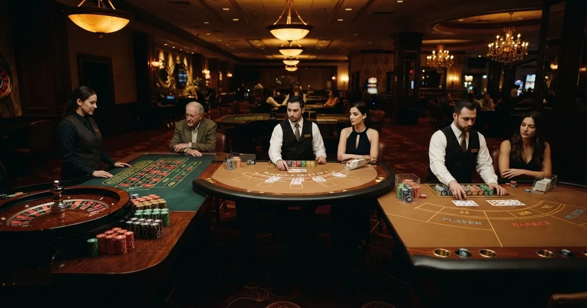 Três mesas de jogo diferentes lado a lado numa sala calma e calorosamente iluminada — sites de casino para os portugueses