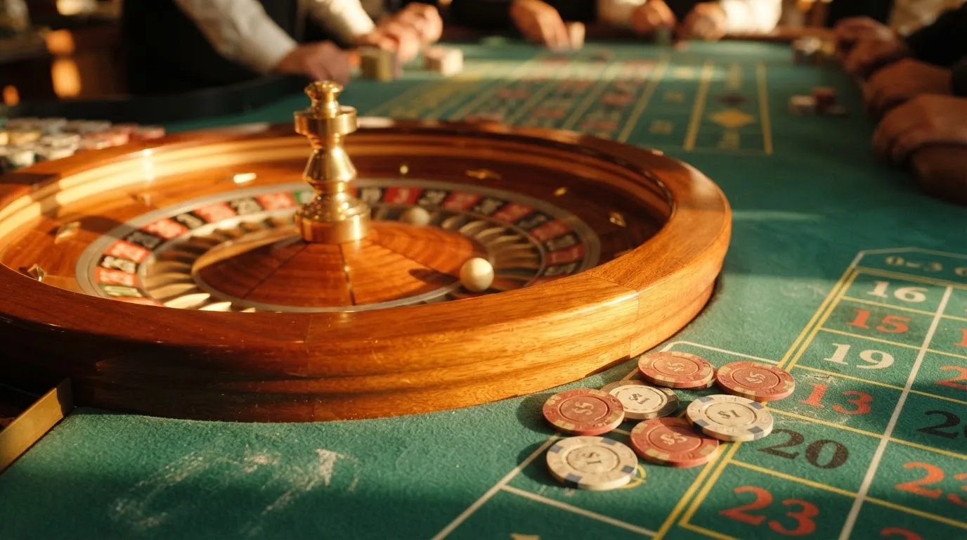 Roda de roleta e fichas sobre feltro verde, sob uma luz quente de fim de tarde — slot machines em portugal