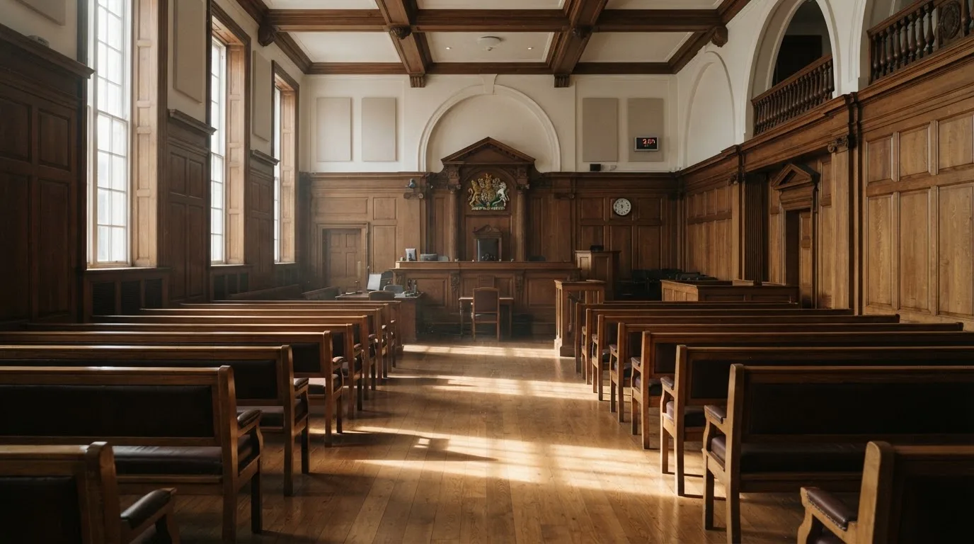 Sala de tribunal vazia com painéis de madeira, à luz da manhã — slots com bonus em portugal
