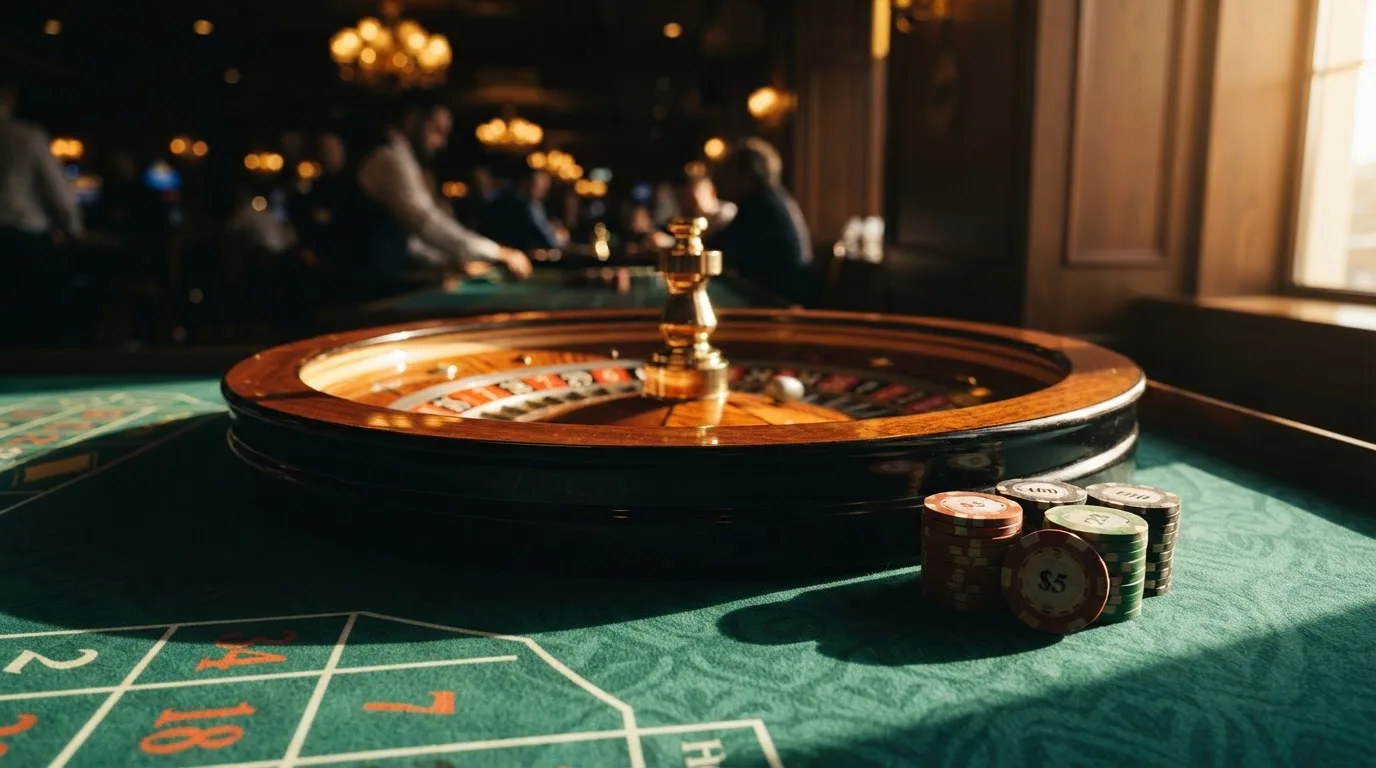 Roda de roleta e fichas sobre feltro verde, sob uma luz quente de fim de tarde — slots com bonus em portugal