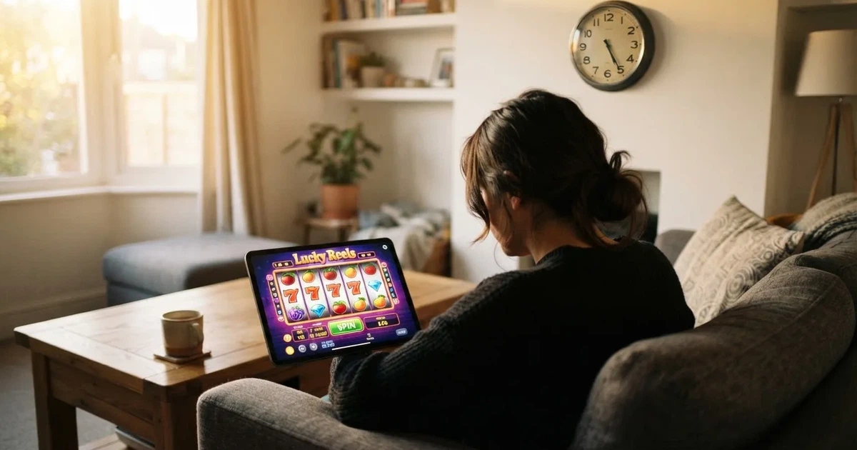 Pessoa num sofá a olhar pensativa para um tablet, com um relógio na parede atrás — slots com bonus em portugal