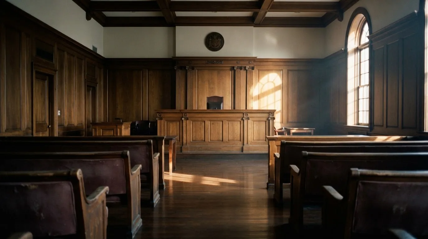 Sala de tribunal vazia com painéis de madeira, à luz da manhã — slots demo em portugal