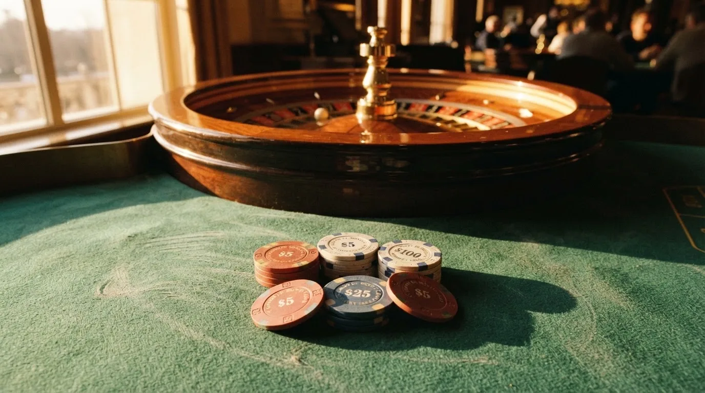 Roda de roleta e fichas sobre feltro verde, sob uma luz quente de fim de tarde — slots demo em portugal