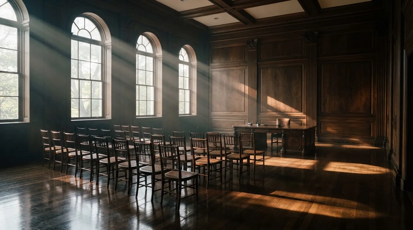 Sala de tribunal vazia com painéis de madeira, à luz da manhã — slots grátis em portugal