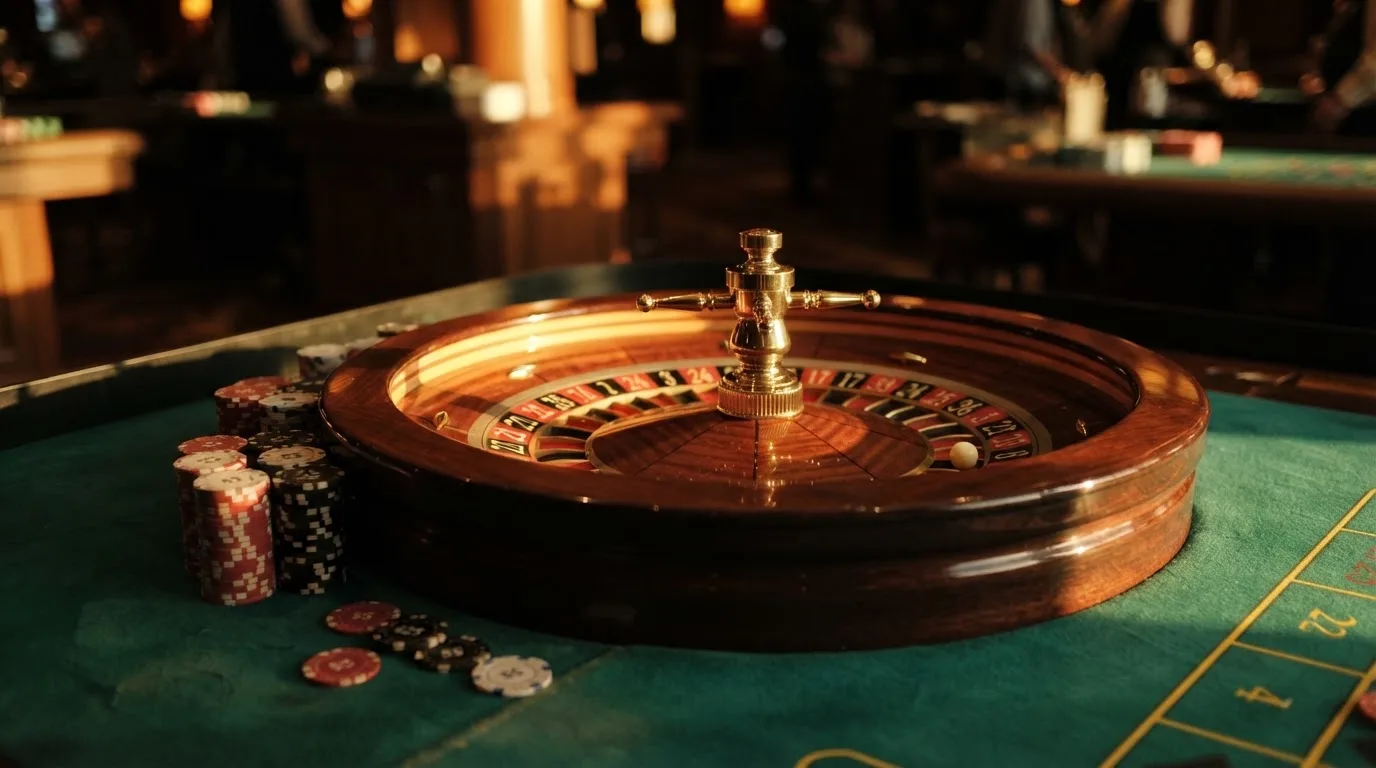 Roda de roleta e fichas sobre feltro verde, sob uma luz quente de fim de tarde — slots grátis em portugal