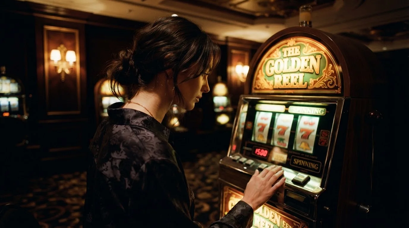 Mulher numa sala de jogos elegante a observar com curiosidade um rolo girar numa máquina, luz ambiente suave.