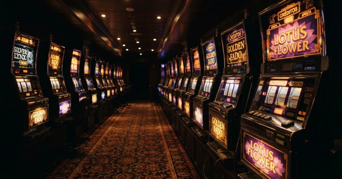Fila de máquinas de slots num casino em Portugal vistas de lado, com rolos iluminados e carpete escura, sem pessoas, fotografia de interior.