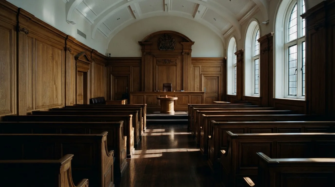 Sala de tribunal vazia com painéis de madeira, à luz da manhã — slots por dinheiro em portugal