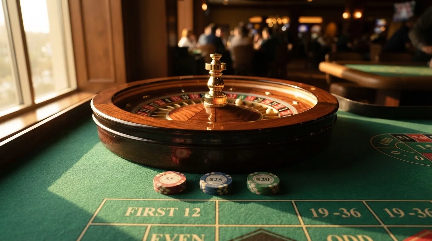 Roda de roleta e fichas sobre feltro verde, sob uma luz quente de fim de tarde — slots por dinheiro em portugal