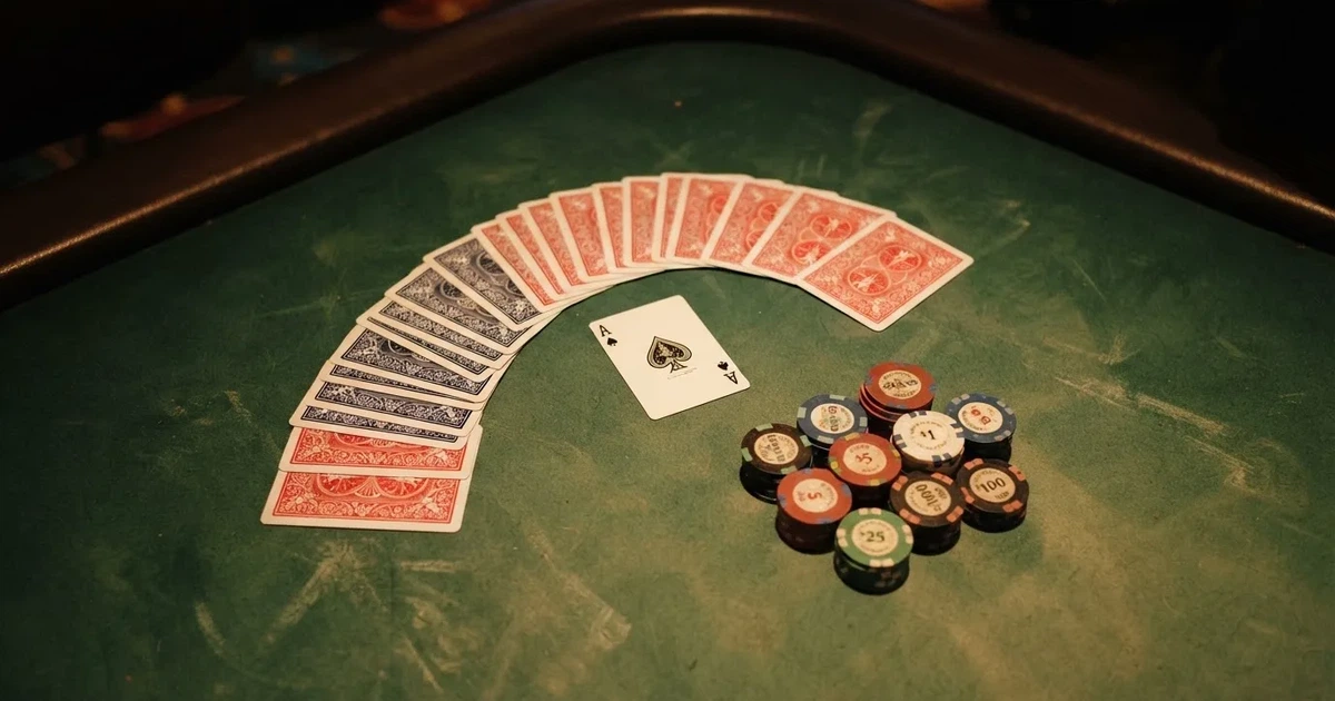 Mesa de jogo iluminada com cartas, vista de cima — slots por dinheiro em portugal