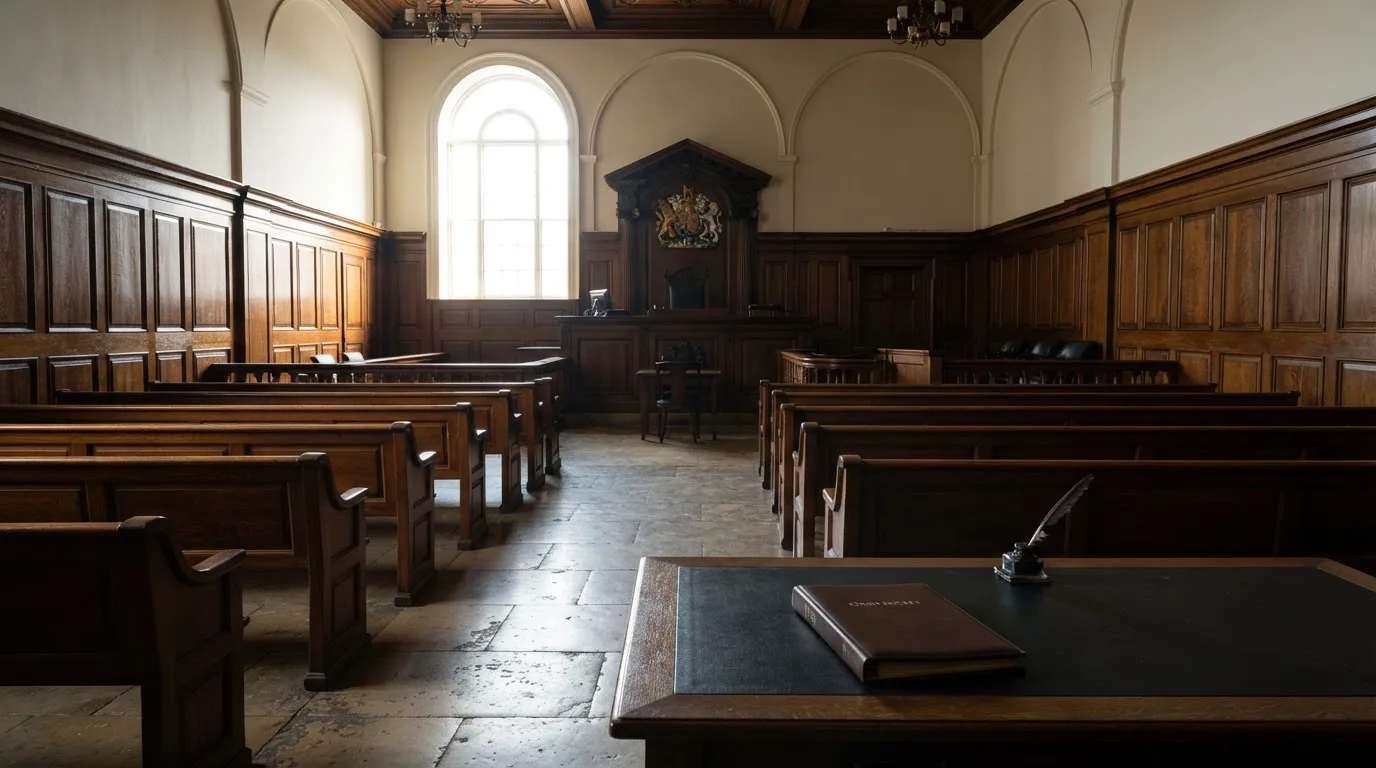 Sala de tribunal vazia com painéis de madeira, à luz da manhã — tabelas de blackjack em portugal