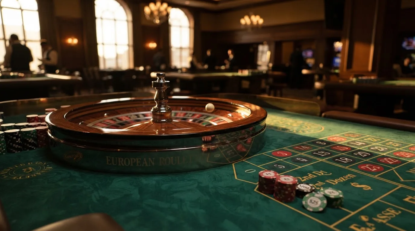 Roda de roleta e fichas sobre feltro verde, sob uma luz quente de fim de tarde — tabelas de blackjack em portugal
