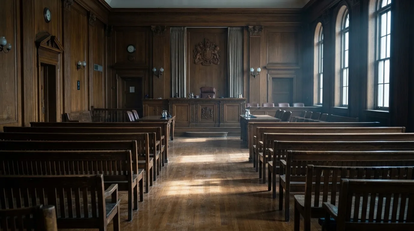 Sala de tribunal vazia com painéis de madeira, à luz da manhã — top casinos em portugal