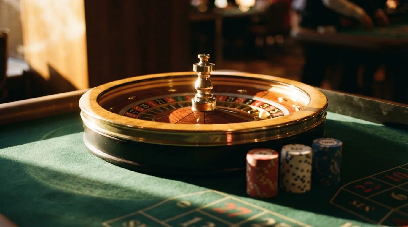 Roda de roleta e fichas sobre feltro verde, sob uma luz quente de fim de tarde — top casinos em portugal
