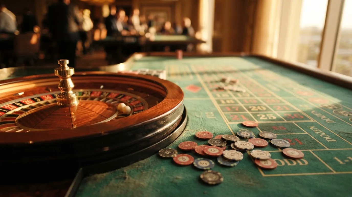 Roda de roleta e fichas sobre feltro verde, sob uma luz quente de fim de tarde — truques de casino em portugal