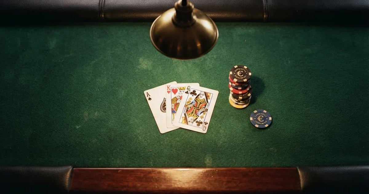 Mesa de jogo iluminada com cartas, vista de cima — truques de casino em portugal